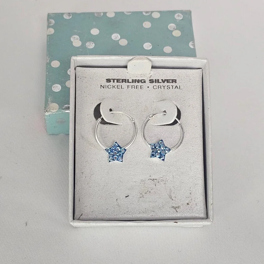 Girls Sterling Silver crystal blue star hoop earrings jewelry new   The earrings